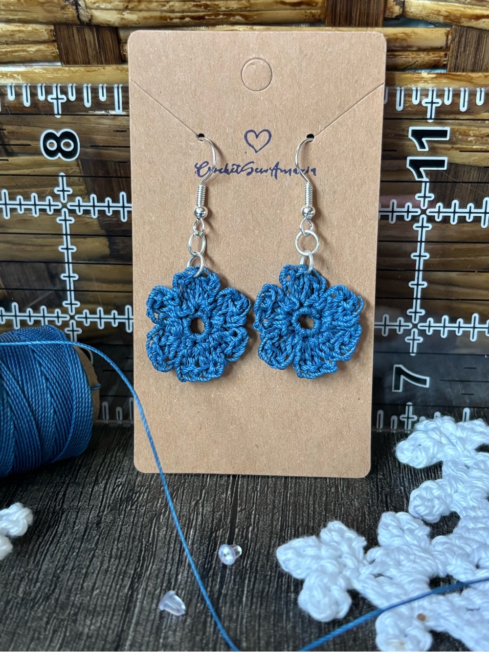 NEW Blue Crochet Flower Dangle Earrings with Silver Hooks - Handmade